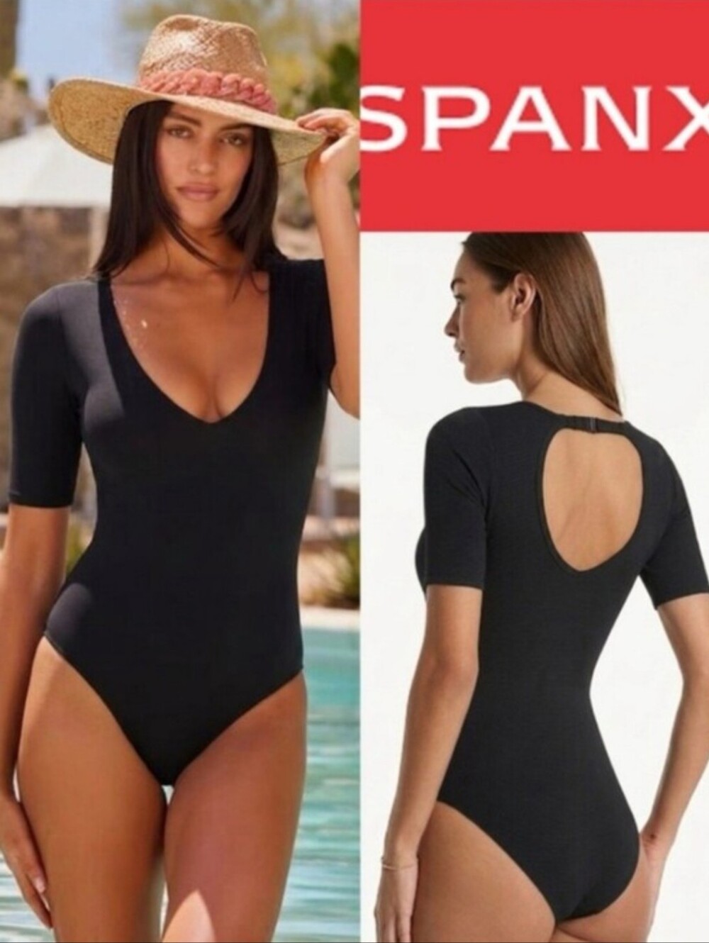 SPANX Black V-Neck Elbow Sleeve One Piece Swimsuit Size XI New